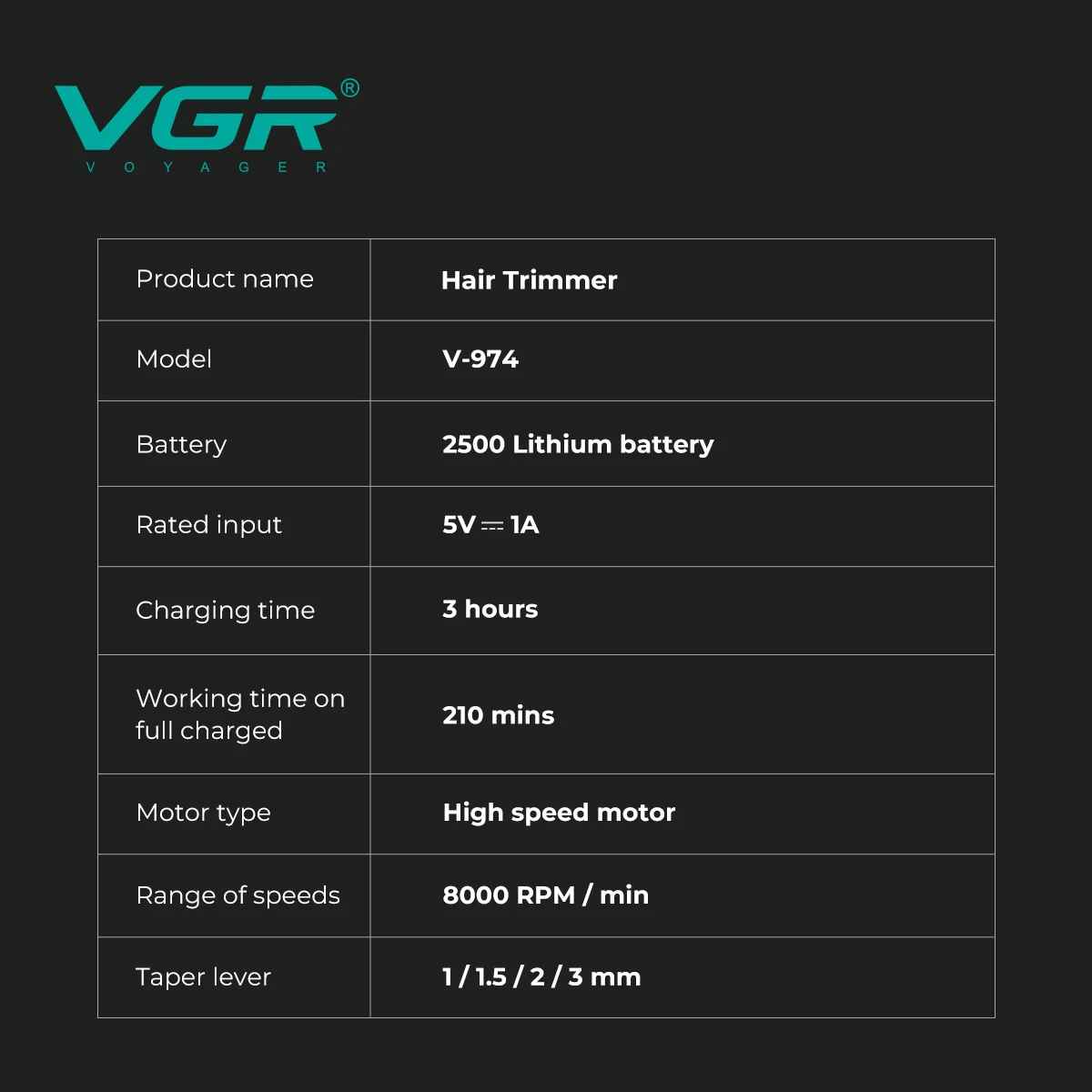 VGR Hair Trimmer Professional Hair Clippers 8000 RPM Hair Cutting Machine Cordless Haircut Electric Metal trimmer for men V-974