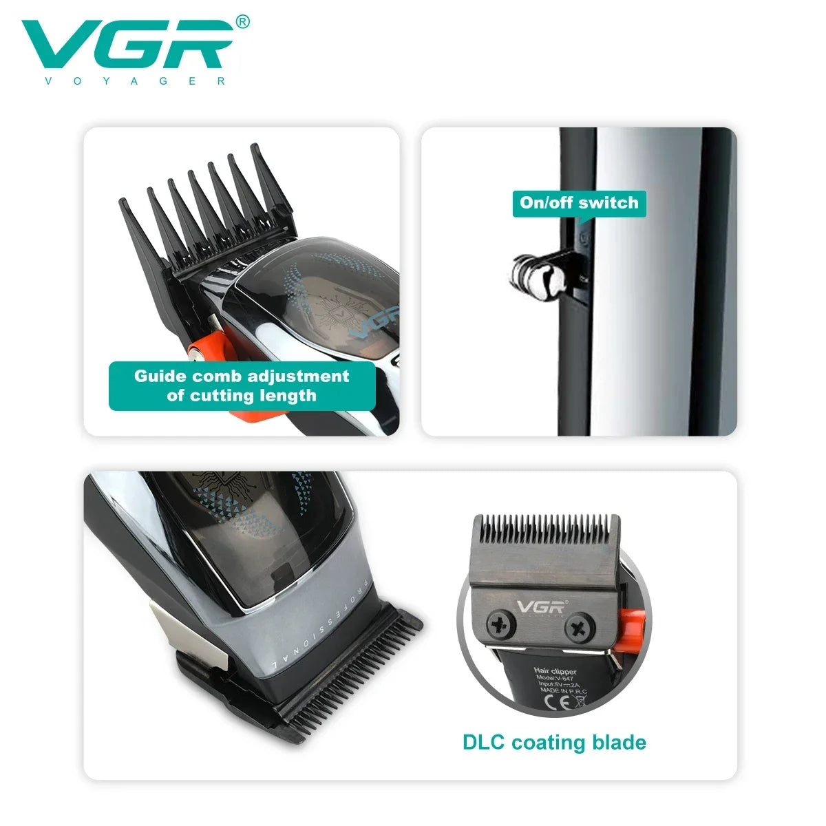 VGR v 647 Hair Clipper Cordless Hair Cutting Machine Adjustable Hair Trimmer Magnetic Motor 9000 RPM Haircut Clipper for Men V-647