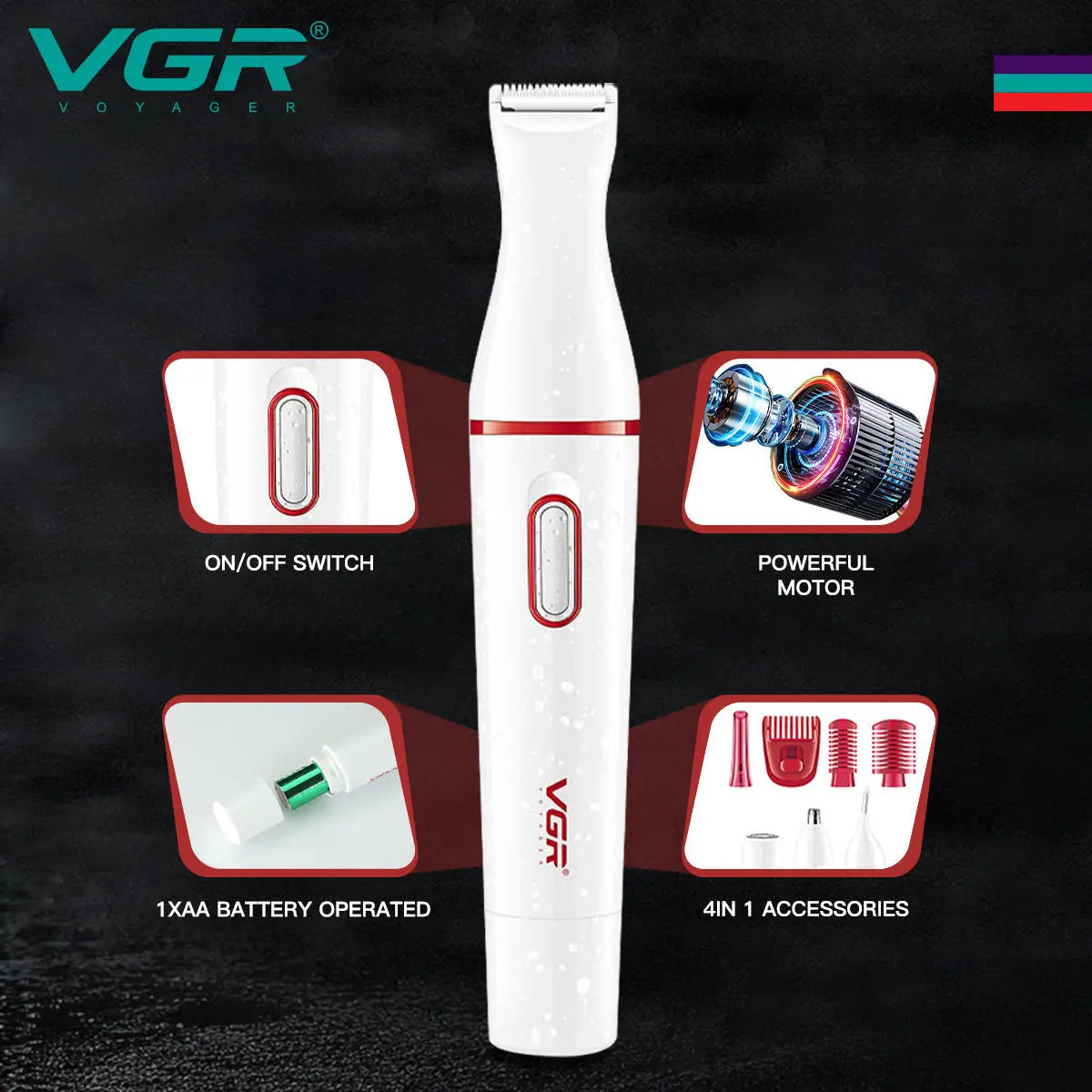 VGR v-725 Women 4 in 1 Waterproof Lady Shaver Rechargeable Mini Electric Nose and Ear Trimmer Facial Shaver Eyebrows Trimmer