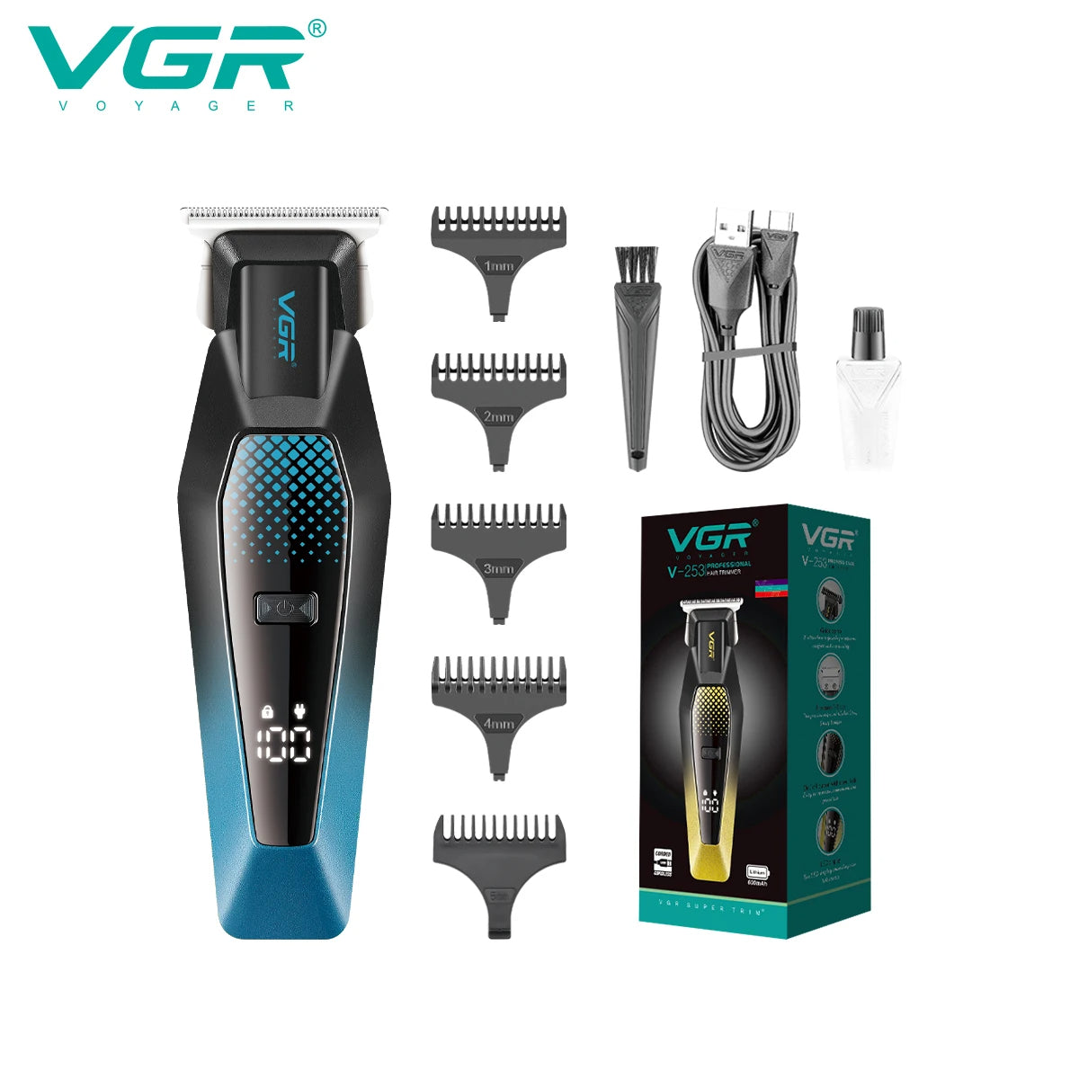 VGR V 253 Professional Hair Trimmer Barber Hair Clipper Electric Man Hair Cutting Adjustable Cordless LED Men's Hair Trimmer V-253