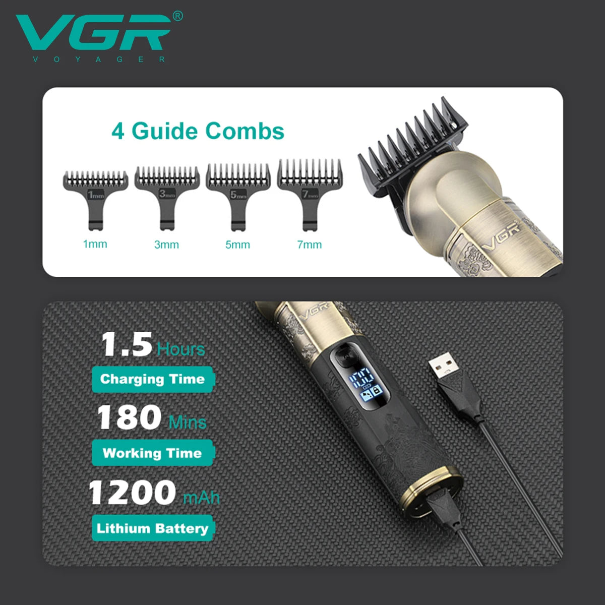 VGR V 296 Magnetic Motor Salon USB Hair Clipper Cordless Rechargeable Metal Carving Scissor Professional Men's Hair Clipper V-296