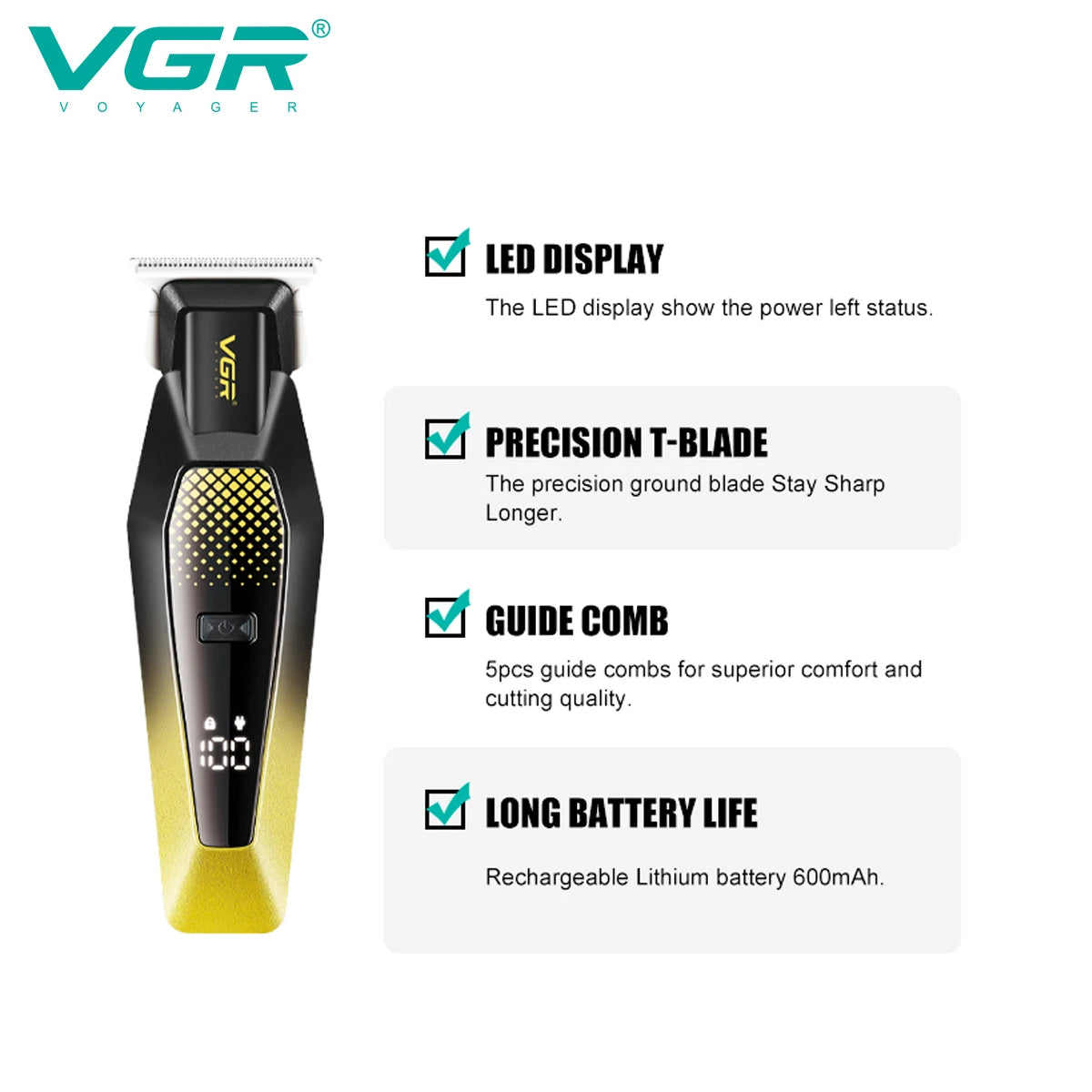 VGR V 253 Professional Hair Trimmer Barber Hair Clipper Electric Man Hair Cutting Adjustable Cordless LED Men's Hair Trimmer V-253