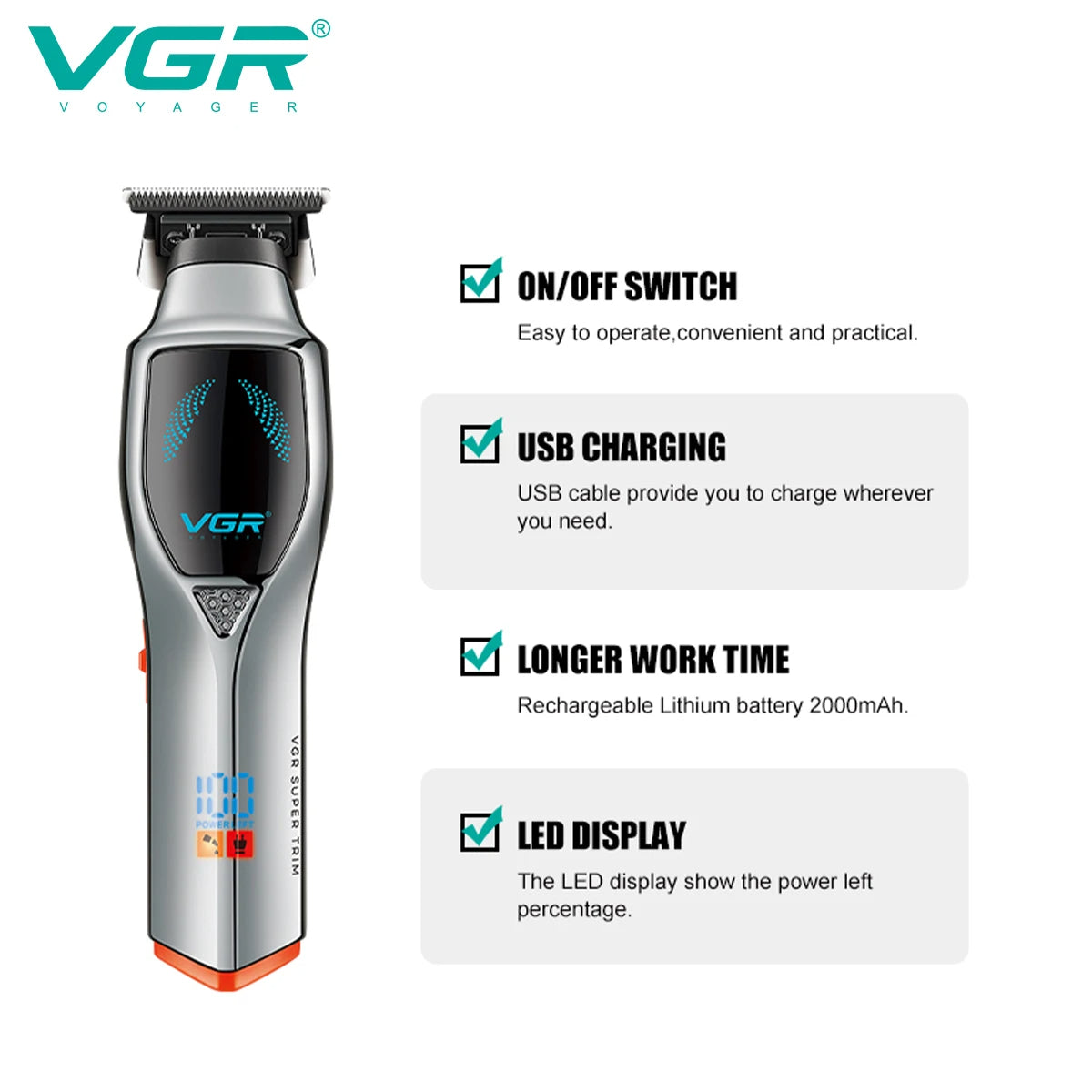 VGR V 187 USB Charging Hair Clipper Professional Cordless Electric Men's Shaving Gradient Intelligent Digital Push Clipper v-187