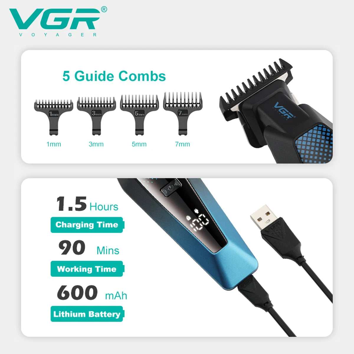 VGR V 253 Professional Hair Trimmer Barber Hair Clipper Electric Man Hair Cutting Adjustable Cordless LED Men's Hair Trimmer V-253