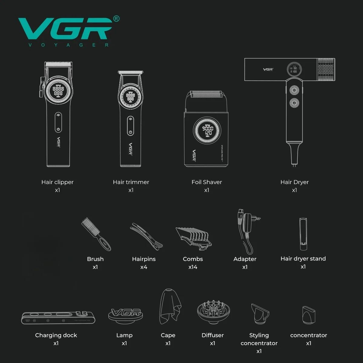 VGR Stepless Pro 4 IN 1 Cordless Hair Clippers Metal Hair Trimmer Electric Shaver Leafless Hair Dryer Professional Barber Combo