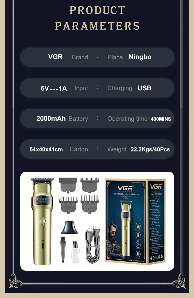 VGR v 991 Hair Trimmer Professional Hair Clipper LED Rechargeable Clipper Barber Travel Lock Clipper Electric Trimmer for Men v-991