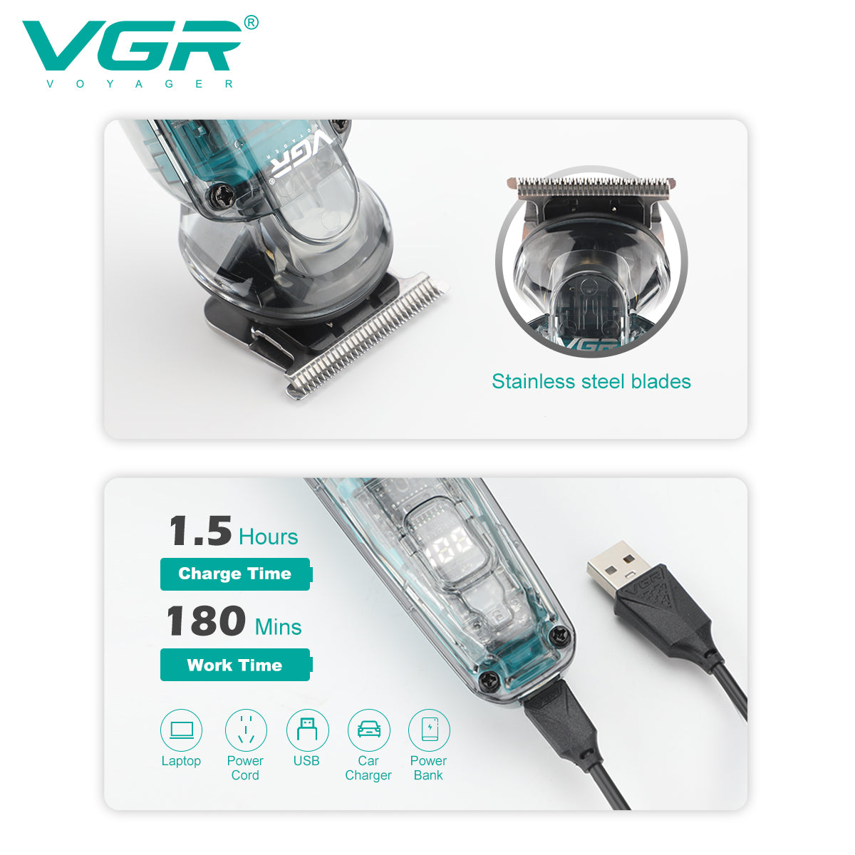 Close-up details of VGR V-949 stainless steel T-blade and USB charging stats showing 1.5-hour charge time and 180-minute runtime
