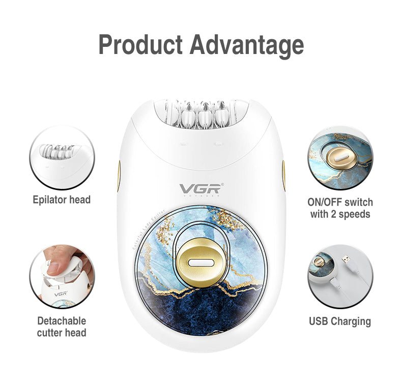 Diagram of blue marble VGR V-706 epilator detailing epilator head, detachable head release, dual-speed power switch, and USB charging
