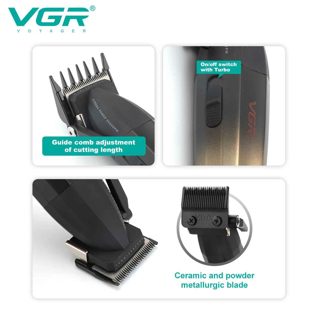 Detailed view of VGR V-003 ceramic and powder metallurgy blade, turbo power switch, and attached guide comb