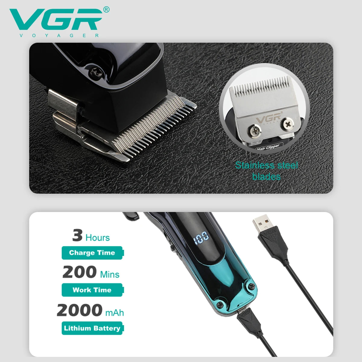 vgr v-013 hair machine stainless steel blades close up with 3 hours charge time and 200 minutes battery runtime details
