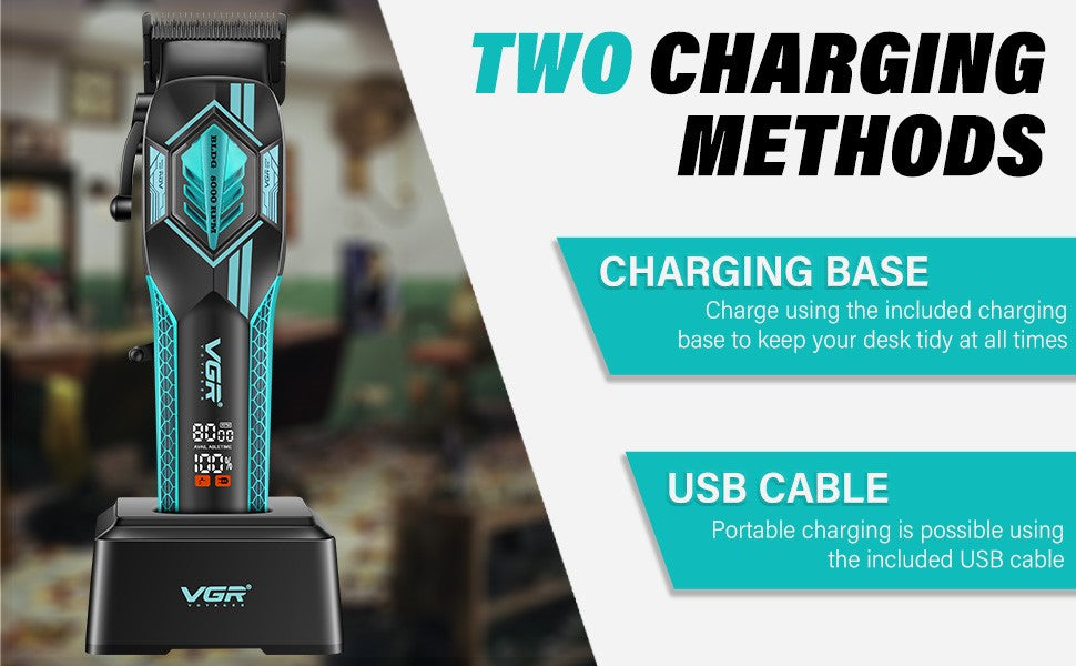 Split graphic illustrating the "TWO CHARGING METHODS" for the VGR Voyager V-119: charging on the included base to keep the desk tidy, and charging via the included portable USB cable.