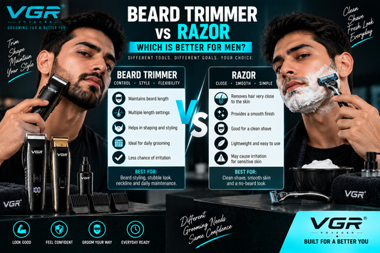 Beard trimmer vs razor comparison featuring VGR grooming tools, showing differences in beard length control, styling, close shaving, daily grooming and suitable uses for men.
