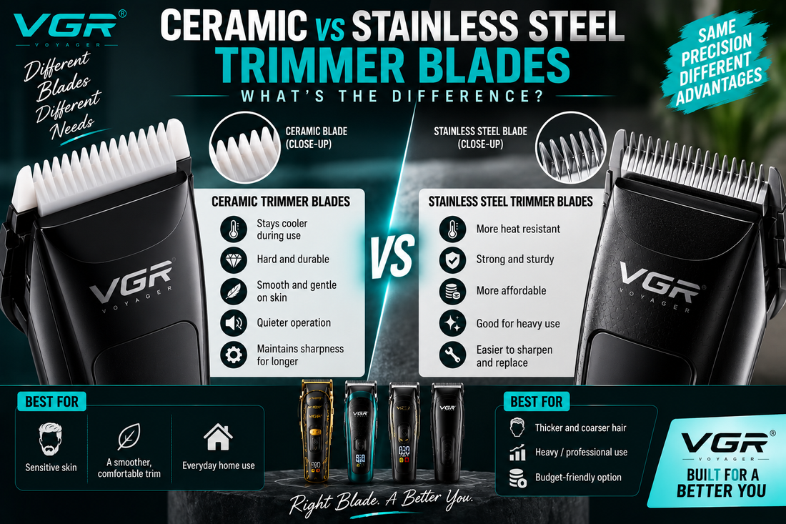 Ceramic vs stainless steel trimmer blades compared in a VGR infographic, showing blade differences, durability, heat resistance, smooth cutting performance and recommended uses.