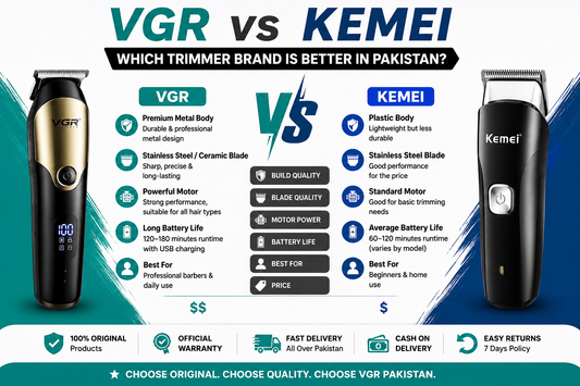 VGR vs Kemei trimmer comparison showing build quality, battery life, blade performance, and key features in Pakistan