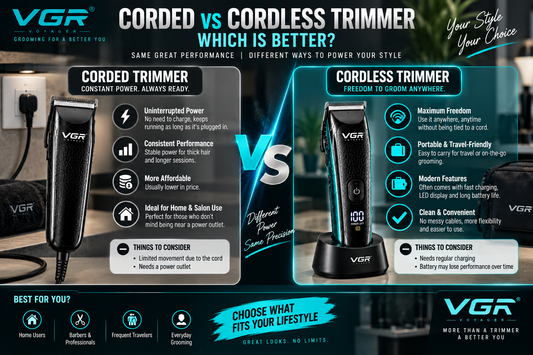 Corded vs cordless trimmer comparison showing VGR trimmers, power options, portability, battery charging, continuous operation and benefits for home grooming, barbers and travel.