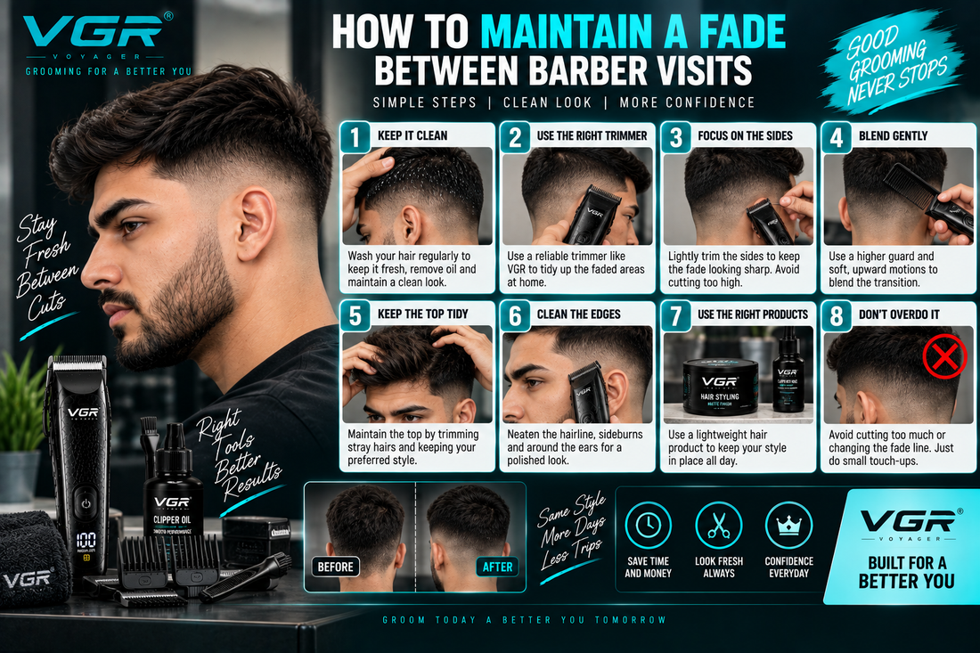 How to maintain a fade between barber visits using a VGR hair clipper, showing fade touch-up steps, blending techniques, edge cleanup, guard selection and haircut maintenance tips.
