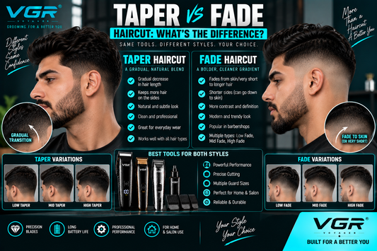 Taper vs fade haircut comparison featuring VGR hair clippers, showing gradual taper transitions, low, mid and high fades, haircut differences, styling options and grooming tools.