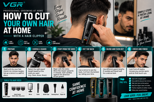 How to cut your own hair at home with a VGR hair clipper, showing step-by-step haircut preparation, guard selection, trimming sides and back, blending, and finishing tips.
