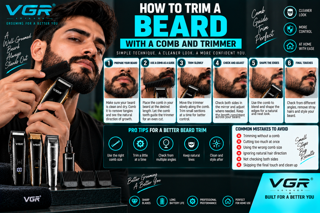 How to trim a beard with a comb and trimmer using a VGR trimmer, showing beard preparation, comb-guided trimming, length control, shaping, checking both sides and final grooming.
