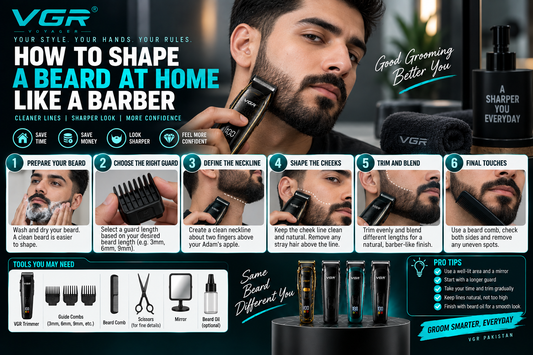 How to shape a beard at home like a barber using a VGR trimmer, showing beard preparation, guard selection, neckline and cheek shaping, blending, trimming and final grooming tips.