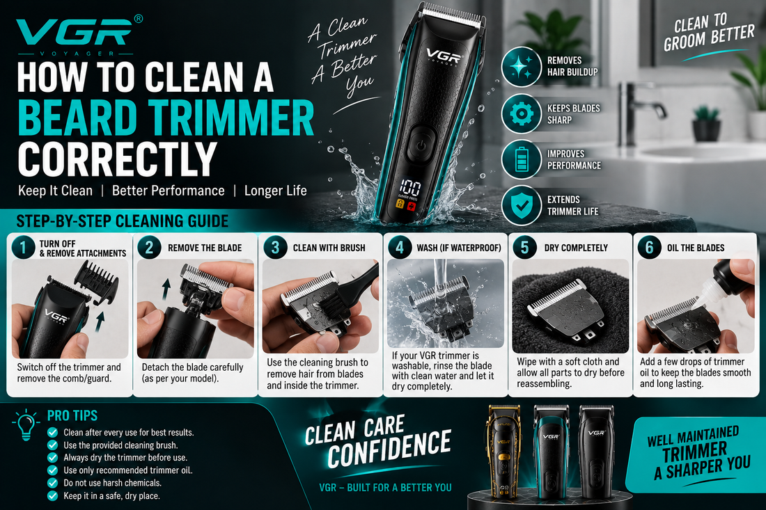 How to clean a beard trimmer correctly, showing VGR trimmer cleaning steps including removing the blade, brushing away hair, washing if waterproof, drying and oiling the blades.
