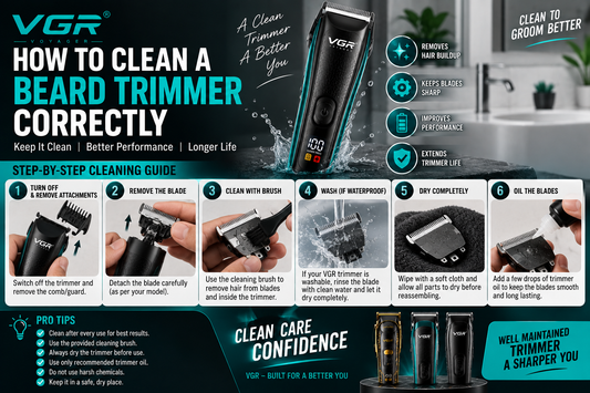 How to clean a beard trimmer correctly, showing VGR trimmer cleaning steps including removing the blade, brushing away hair, washing if waterproof, drying and oiling the blades.