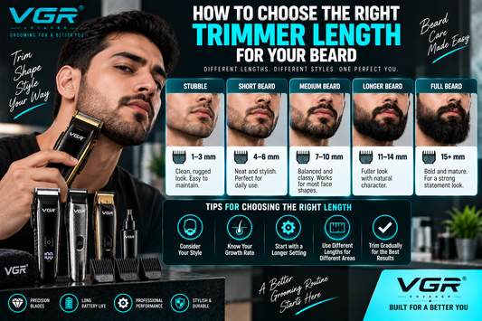 How to choose the right trimmer length for your beard, featuring a VGR trimmer and beard length guide for stubble, short, medium, longer and full beard styles.