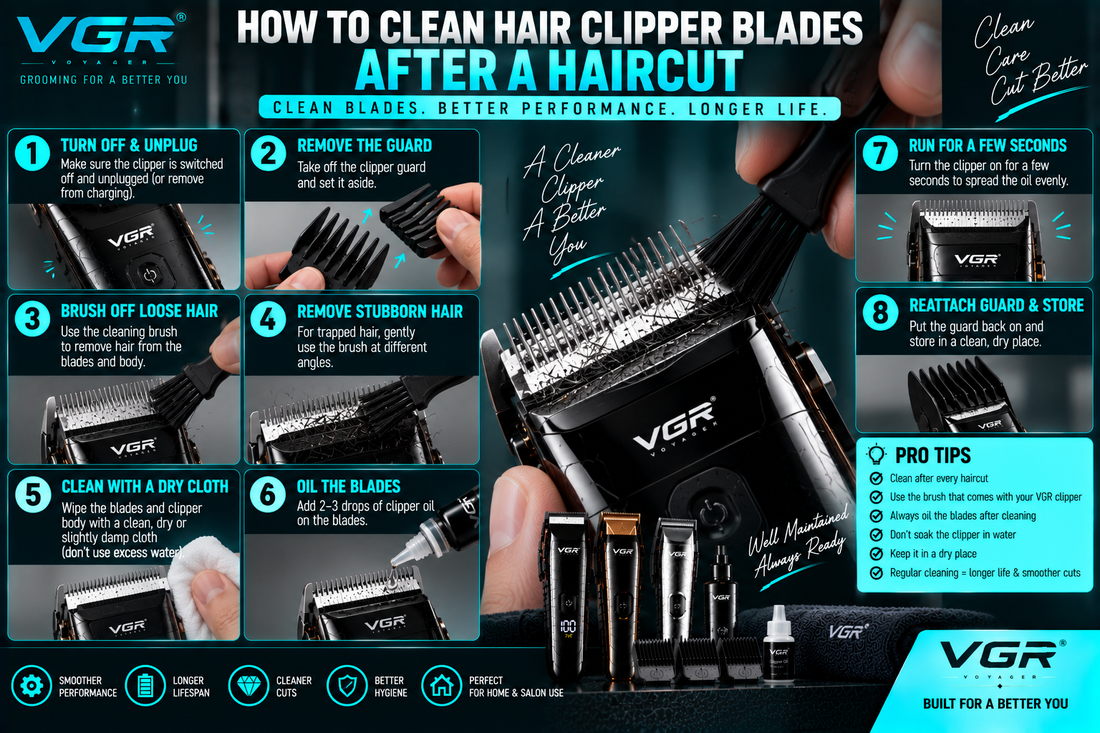 How to clean hair clipper blades after a haircut using a VGR clipper, showing steps for removing the guard, brushing away hair, wiping the blades, applying clipper oil and storing the machine properly.
