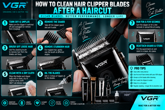 How to clean hair clipper blades after a haircut using a VGR clipper, showing steps for removing the guard, brushing away hair, wiping the blades, applying clipper oil and storing the machine properly.