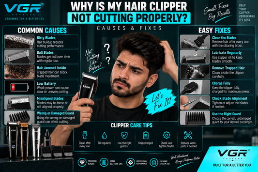 Why is my hair clipper not cutting properly? VGR hair clipper infographic showing common causes such as dirty or dull blades, trapped hair, low battery, blade misalignment and damaged guards, with practical fixes.