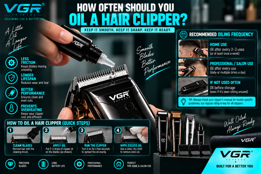How often should you oil a hair clipper? VGR hair clipper maintenance guide showing cleaning blades, applying clipper oil, recommended oiling frequency, quick oiling steps and tips for home and professional use.