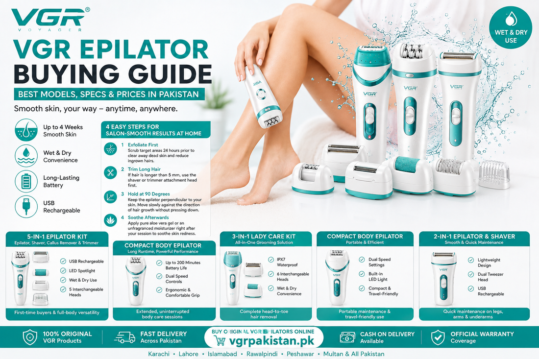 VGR Epilator Buying Guide featuring VGR electric epilators and grooming attachments, with key features including wet and dry use, USB rechargeable battery, long-lasting performance, and multiple hair-removal options for women in Pakistan.