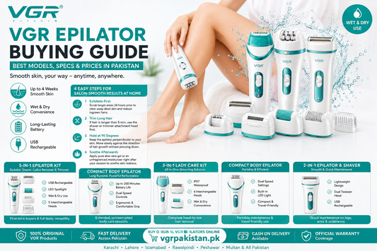 VGR Epilator Buying Guide featuring VGR electric epilators and grooming attachments, with key features including wet and dry use, USB rechargeable battery, long-lasting performance, and multiple hair-removal options for women in Pakistan.