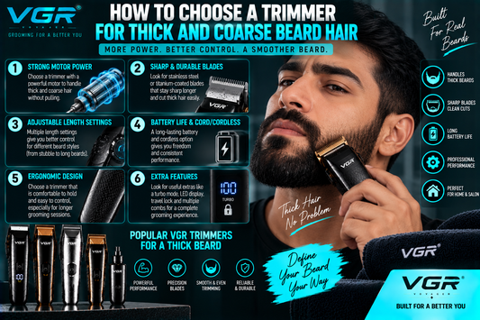 How to choose a trimmer for thick and coarse beard hair, featuring VGR trimmers and key factors such as motor power, durable blades, adjustable length settings, battery life, ergonomic design and useful grooming features.