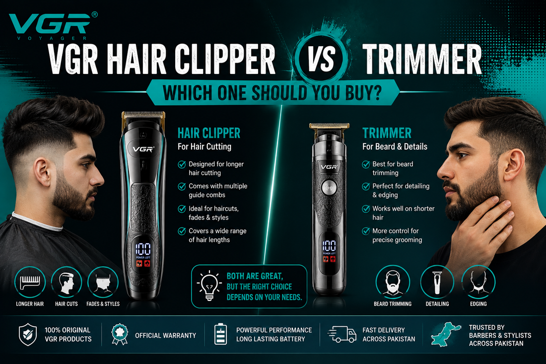 Comparison banner explaining VGR Hair Clipper vs Trimmer, showing a hair clipper for longer haircuts and fades alongside a detail trimmer for beard edging and precise grooming.