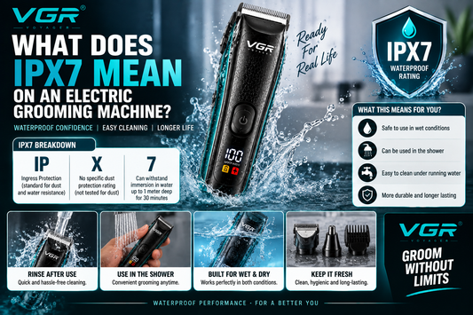 What does IPX7 mean on an electric grooming machine? VGR trimmer infographic explaining IPX7 water resistance, temporary water immersion, wet cleaning and safe grooming use.
