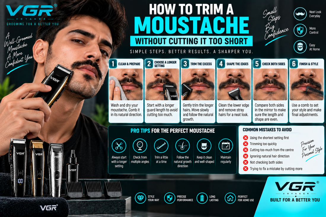 How to trim a moustache without cutting it too short using a VGR trimmer, showing preparation, longer guard selection, controlled trimming, edge shaping, symmetry checks and finishing tips.