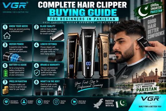 Complete hair clipper buying guide for beginners in Pakistan featuring VGR hair clippers, with tips on blade quality, motor power, length settings, battery, warranty, price, accessories and choosing the right clipper.