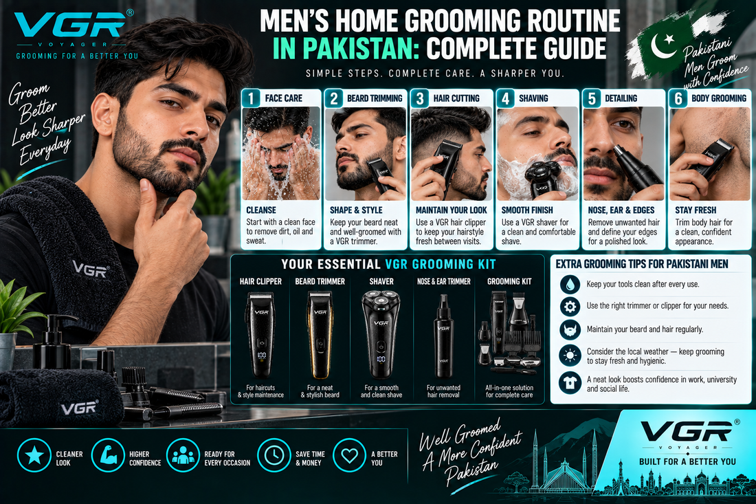 Men’s home grooming routine in Pakistan featuring VGR trimmers, hair clippers, shavers and grooming tools, with steps for beard trimming, hair cutting, shaving, detailing and personal grooming.