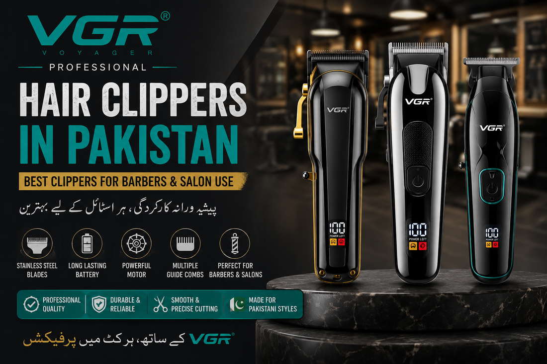 VGR professional hair clippers in Pakistan for barbers and salon use, featuring multiple VGR clippers with powerful motors, stainless steel blades, long-lasting batteries, and guide combs.