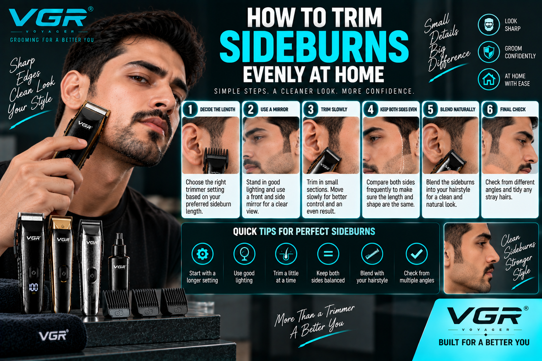 How to trim sideburns evenly at home using a VGR trimmer, showing length selection, mirror use, controlled trimming, side-by-side balancing, natural blending and final grooming checks.