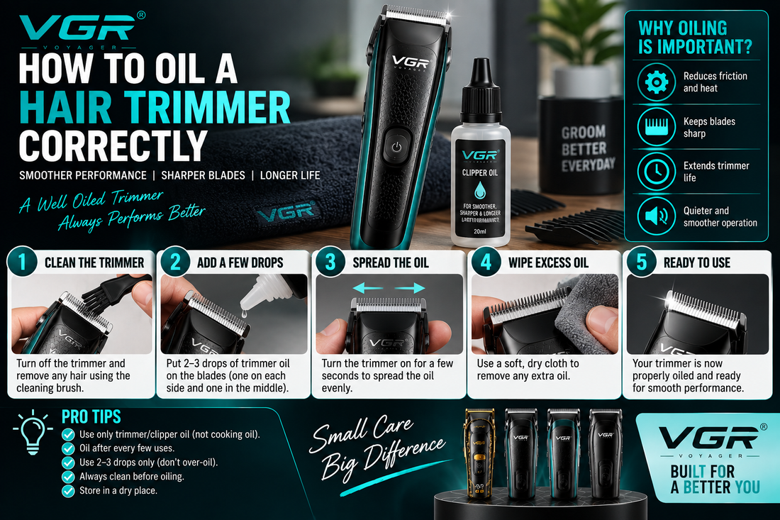 How to oil a hair trimmer correctly using a VGR trimmer, showing step-by-step blade cleaning, applying trimmer oil, spreading the oil, wiping excess oil and proper maintenance tips.