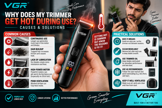 Why does my trimmer get hot during use? VGR trimmer infographic showing common causes including continuous use, hair buildup, lack of lubrication, motor heat and poor ventilation, with practical cooling and maintenance solutions.
