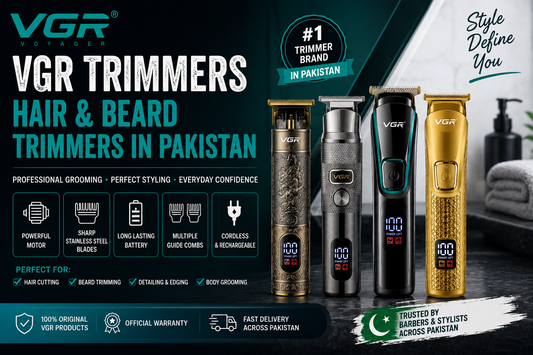 VGR hair and beard trimmers banner displaying four cordless rechargeable models with LED power displays, stainless steel blades, and 100% original product badges in Pakistan.