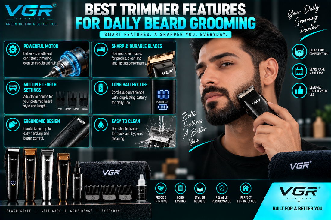Best trimmer features for daily beard grooming, featuring VGR trimmers with powerful motors, durable blades, adjustable length settings, long battery life, ergonomic design and easy cleaning.