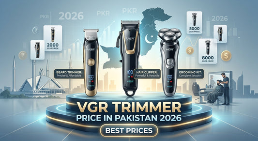 VGR Trimmer Price in Pakistan 2026 banner featuring VGR beard trimmers, hair clippers, and grooming kits with PKR prices