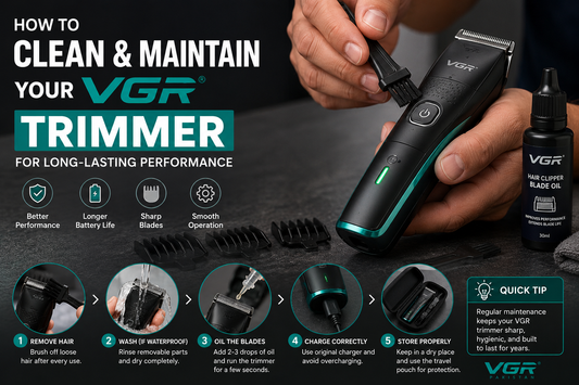 VGR hair trimmer maintenance infographic with cleaning brush, blade oil, charging tips, and storage instructions.
