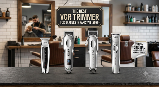 Professional VGR trimmers and clippers for barbers displayed on a countertop in a barbershop, featuring text reading The Best VGR Trimmer for Barbers in Pakistan.