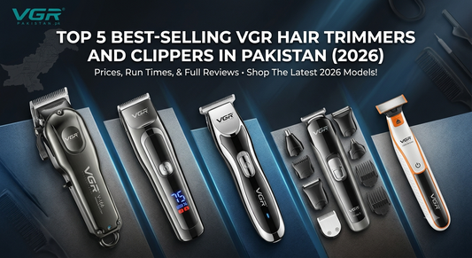 Top 5 best-selling VGR hair trimmers and clippers in Pakistan for 2026, showcasing models V-166, V-937, V-071, V-107 grooming kit, and V-017 hybrid shaver.