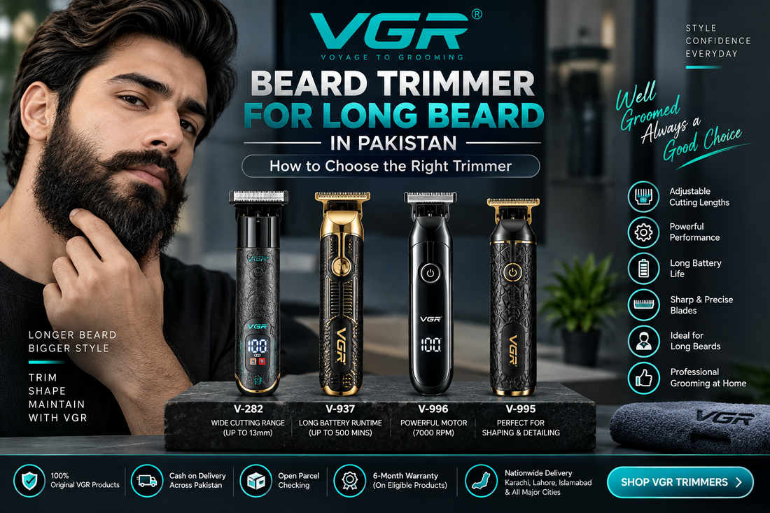 VGR beard trimmer for long beard in Pakistan featuring V-282, V-937, V-996 and V-995 with cutting lengths, battery life and grooming features